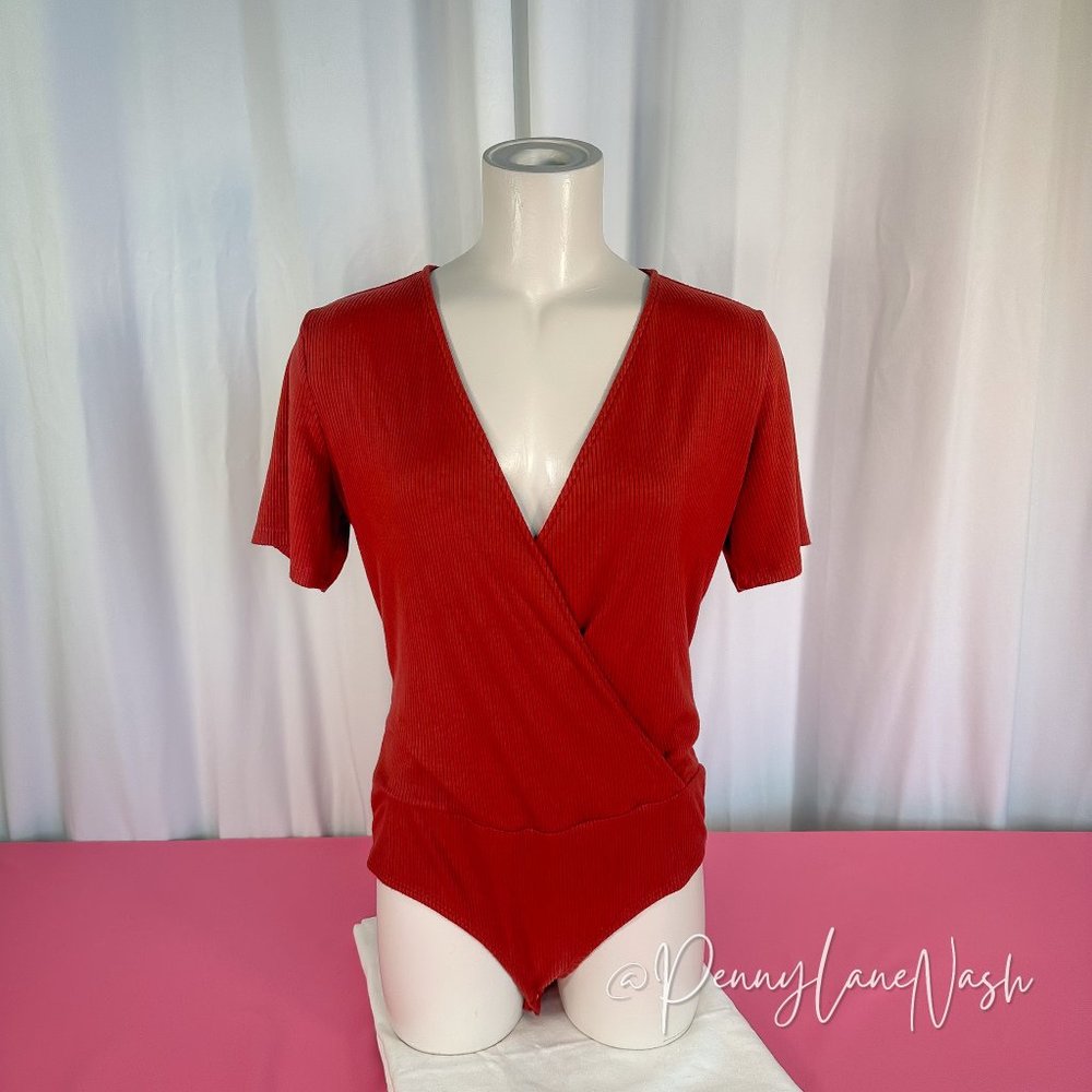 Forever 21 Plus Ribbed Short Sleeve Wrap Bodysuit Red